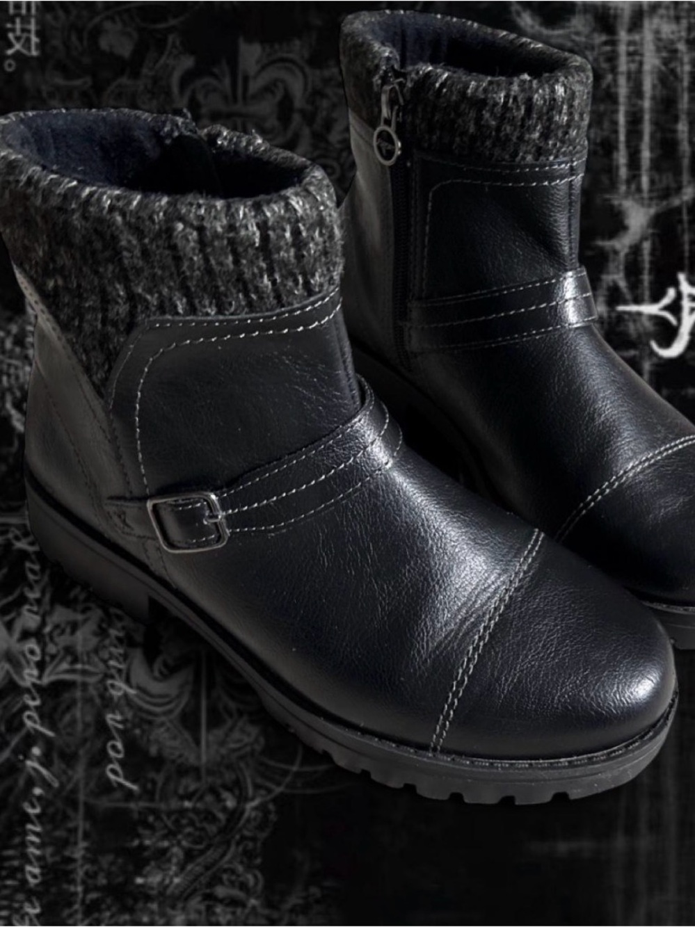 JSport by Jambu "Violet" ankle boots with black faux leather and knit cuff
